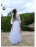 Beaded White Lace Chiffon Slit Simple Flowy Wedding Dress Beaded White Lace Chiffon Slit Simple Flowy Wedding Dress